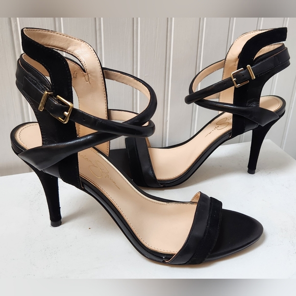 Sexy JESSICA SIMPSON Black Strappy Leather & Suede 4" Heel Sandals EUC - Picture 3 of 9